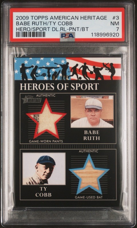 2009 Topps Heritage American Heroes Babe Ruth Ty Cobb Jersey Patch Bat /20 PSA 7