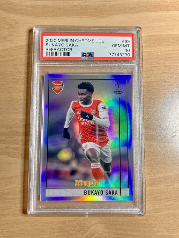 2020-21 Topps Merlin Chrome UCL Bukayo Saka RC Rookie Refractor Arsenal PSA 10 view 1