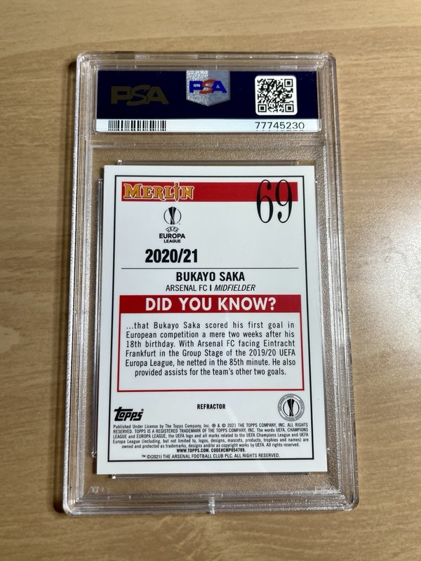 2020-21 Topps Merlin Chrome UCL Bukayo Saka RC Rookie Refractor Arsenal PSA 10 view 2