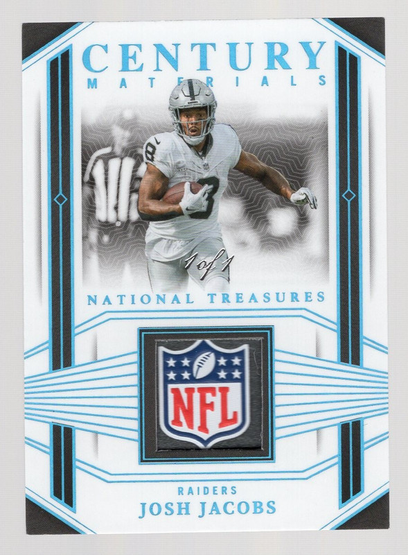 JOSH JACOBS 2023 NATIONAL TREASURES CENTURY MATERIALS PLATINUM NFL SHIELD 1/1