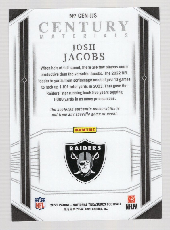 JOSH JACOBS 2023 NATIONAL TREASURES CENTURY MATERIALS PLATINUM NFL SHIELD 1/1 view 2