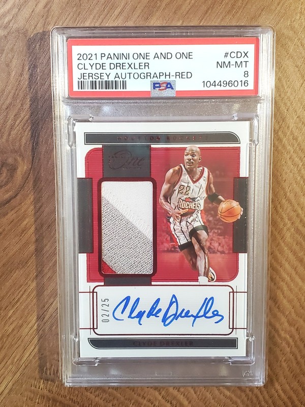2021-22 Panini One and One Clyde Drexler 3-CLR Patch Auto 02/25 PSA 8
