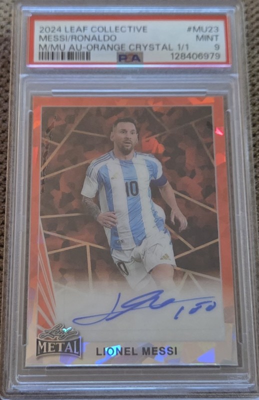 LIONEL MESSI CRISTIANO RONALDO 2024 Leaf ORANGE CRYSTAL ICE Dual AUTO 1/1 PSA 9!