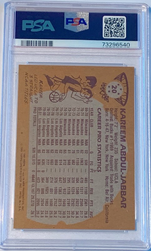 1981 Topps Basketball #20 Kareem Abdul-Jabbar Lakers HOF PSA 7 **SHARP COLOR** view 2