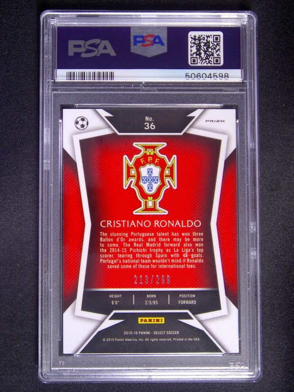 2015-16 Panini Select Cristiano Ronaldo #36 Blue Prizm /299 PSA 10 view 2