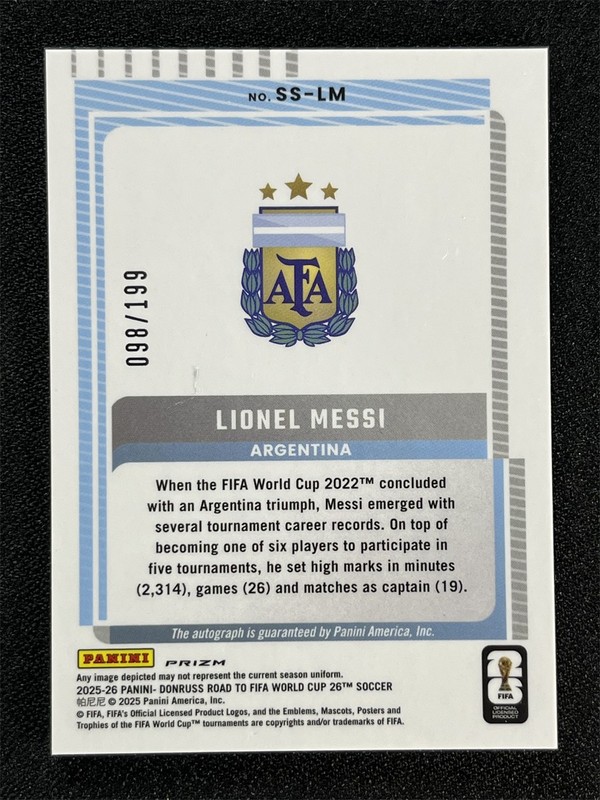2025-26 Donruss World Cup Lionel Messi Dragon Scale Signature Series Auto /199 view 2