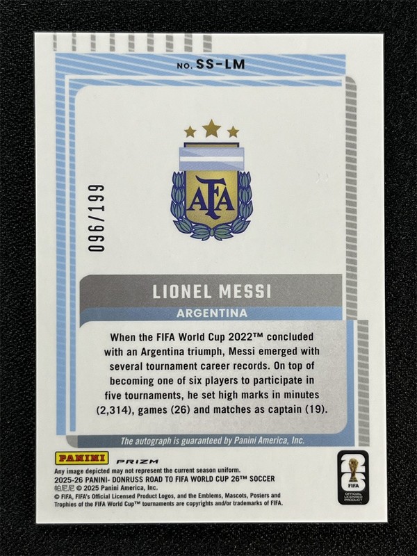 2025-26 Donruss FIFA World Cup Lionel Messi Blue Signature Series Auto /199 view 2