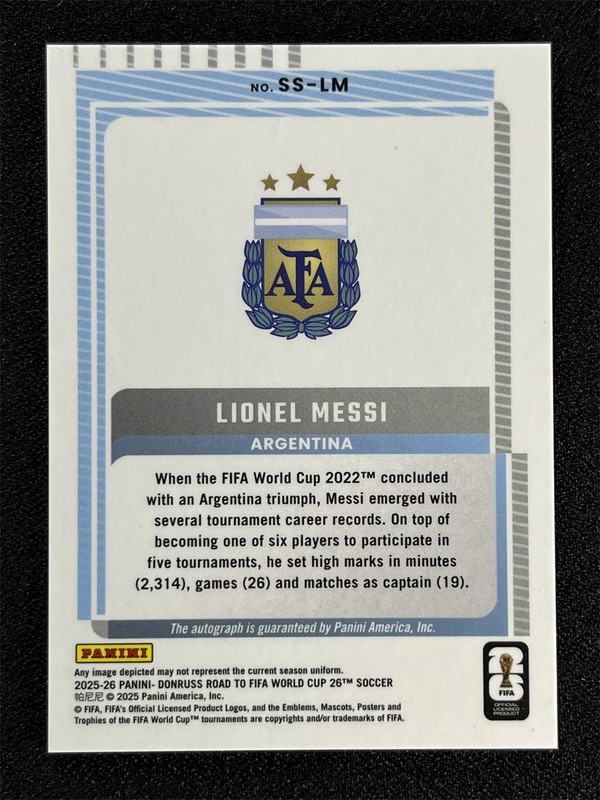 2025-26 Panini Donruss FIFA World Cup Lionel Messi Signature Series Auto &05221 view 2