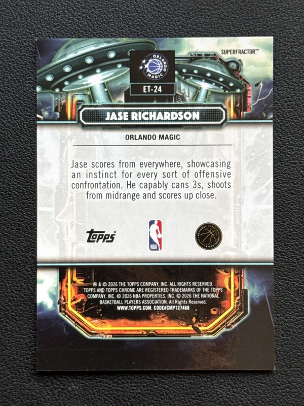 2025-26 Topps Chrome Cosmic Rookie 1/1 Superfractor Jase Richardson ET-24 view 2