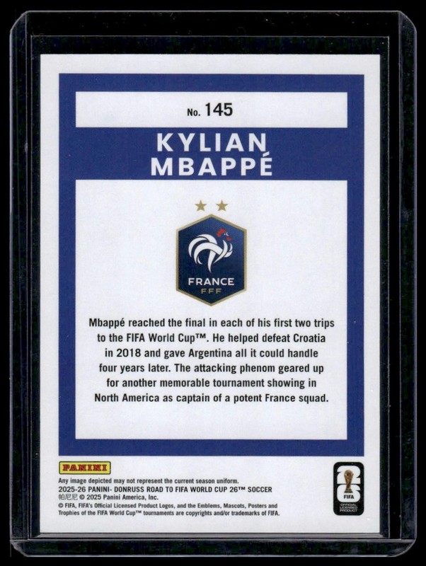 2025-26 Donruss Road to FIFA World Cup #145 Kylian Mbappe Blue Cubic /205 view 2