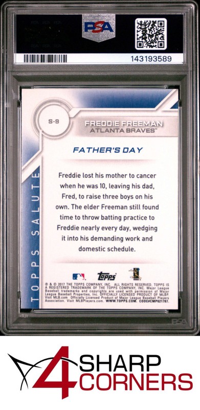 2017 TOPPS SALUTE #S-9 FREDDIE FREEMAN BRAVES POP 1 PSA 10 view 2