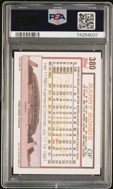 1992 Topps Gold BARRY BONDS #380 WINNER PSA 8 NM-MINT 🌟 view 2