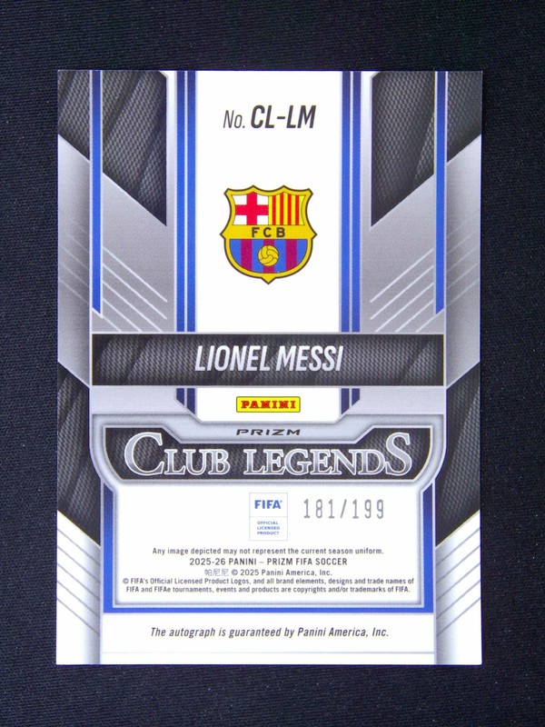2025-26 Panini Prizm FIFA Lionel Messi Club Legends Auto Silver /199 view 2