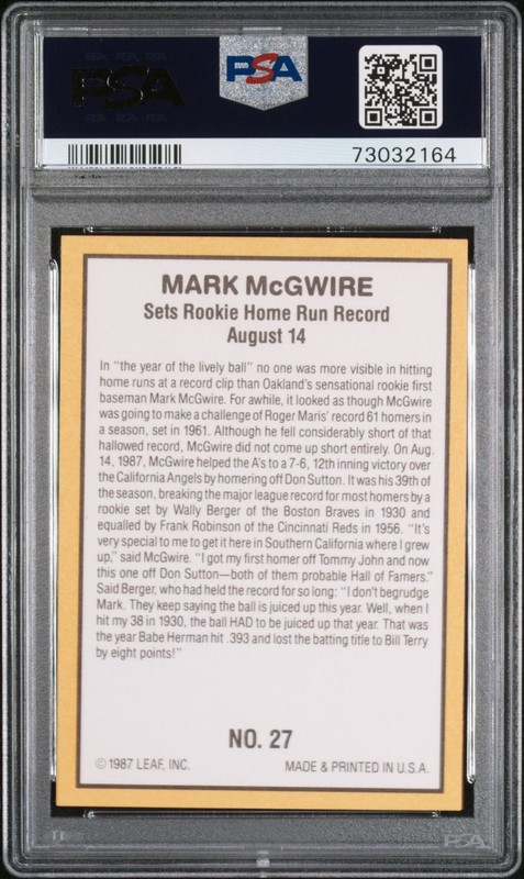 1987 Donruss Highlights MARK McGWIRE #27 PSA 10 GEM MINT 🔥 view 2