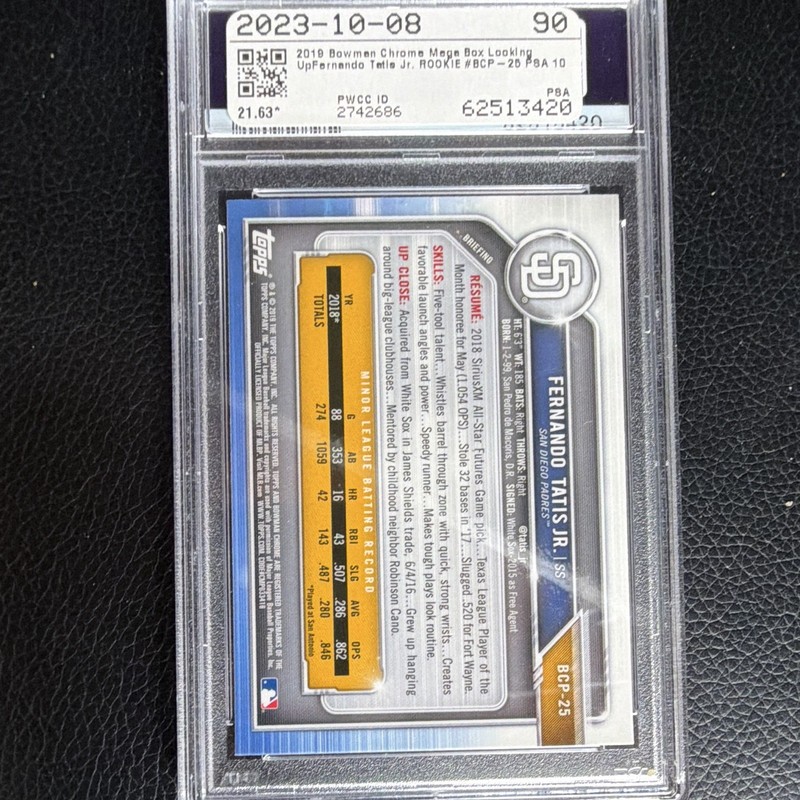2019 Bowman Mega Box Fernando Tatis Jr. #25/BCP-25 Mojo Refractor PSA 10 RC view 2