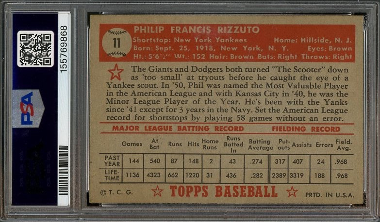 1952 Topps #11 Phil Rizzuto EX PSA 5 Centered New York Yankees 9868 view 2