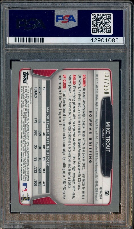2013 Bowman Chrome Blue Refractor #50 Mike Trout Angels 137/250 PSA 10 GEM MINT view 2