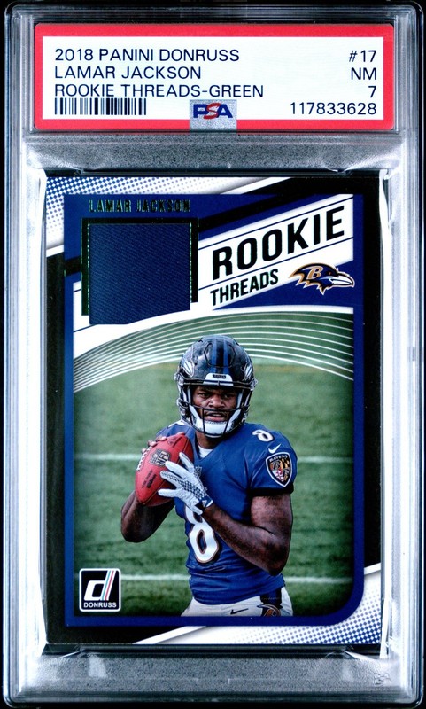 2018 Donruss Rookie Threads LAMAR JACKSON GREEN Patch PSA 7 NEAR MINT view 1