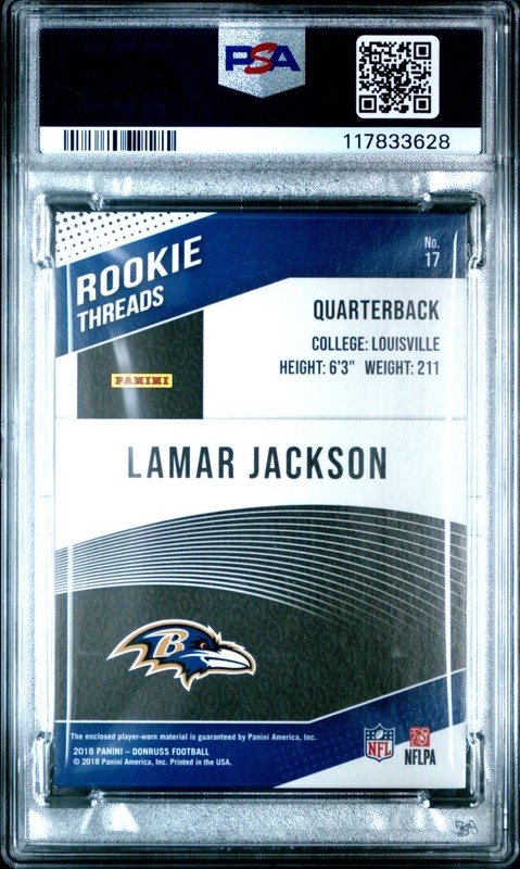 2018 Donruss Rookie Threads LAMAR JACKSON GREEN Patch PSA 7 NEAR MINT view 2