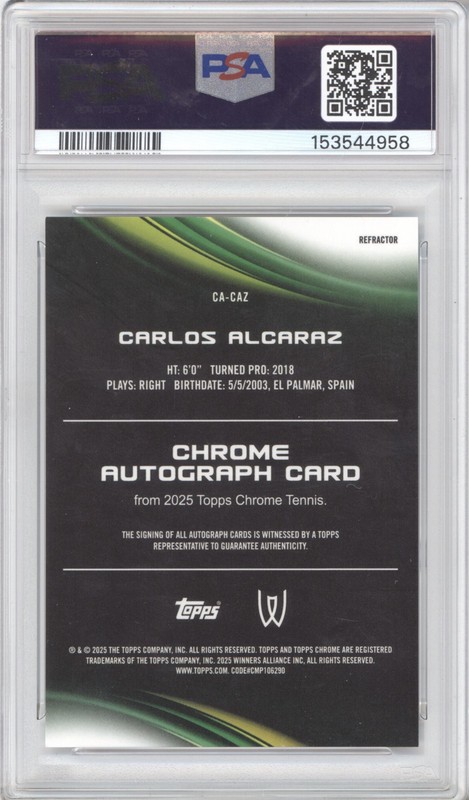 2025 Topps Chrome #CA-CAZ Carlos Alcaraz Chrome Auto II-Ref PSA 8 Auto 9 view 2