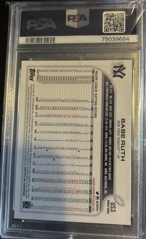 BABE RUTH 2022 TOPPS UPDATE SP IMAGE #US3 BABE RUTH PSA 10 GEM MINT HOF view 2