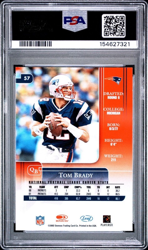 2002 LEAF ROOKIES & STARS #57 TOM BRADY PSA 8  NM-MT view 2