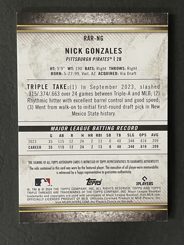 2024 Topps Triple Threads Nick Gonzales RC Triple Patch Auto /25 Pirates view 2
