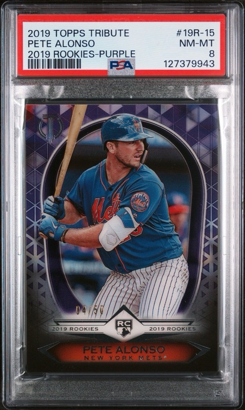 2019 Topps Tribute Pete Alonso Purple Parallel Rookie /50 PSA 8 view 1