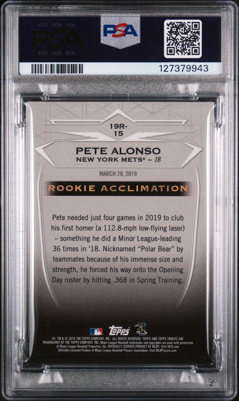 2019 Topps Tribute Pete Alonso Purple Parallel Rookie /50 PSA 8 view 2