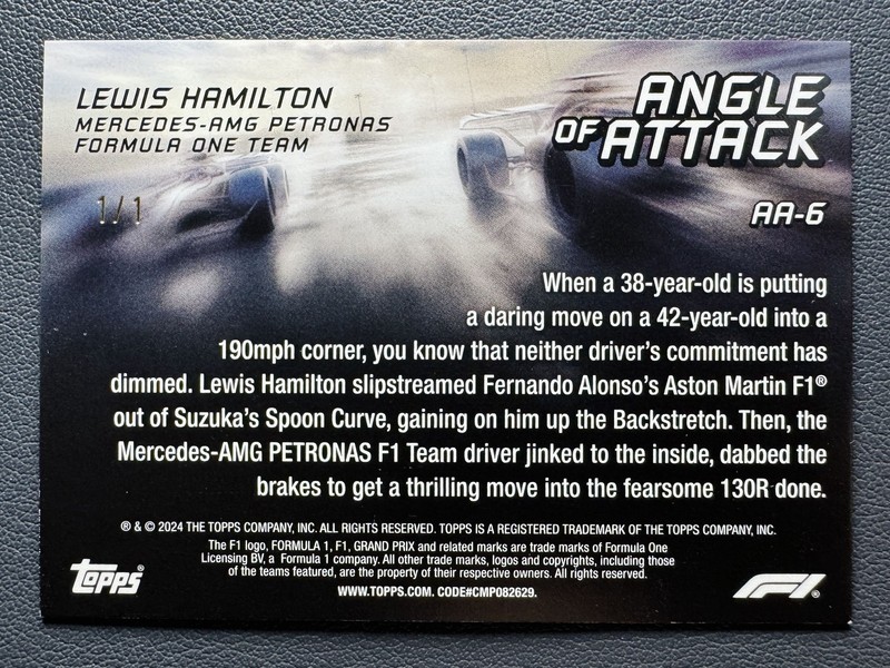 2024 Topps Paddock Pass F1 Lewis Hamilton Attack Superfractor Gold Rainbow 1/1 view 2