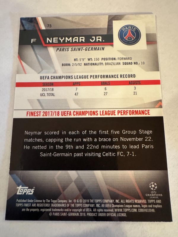 2018-19 Topps Finest - UEFA Champions League - Neymar Jr. - Paris Saint-Germain view 2