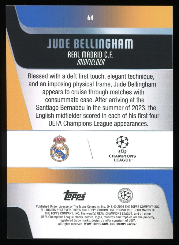 2025-26 Topps Chrome UEFA #64 Jude Bellingham Raywave Refractor view 2