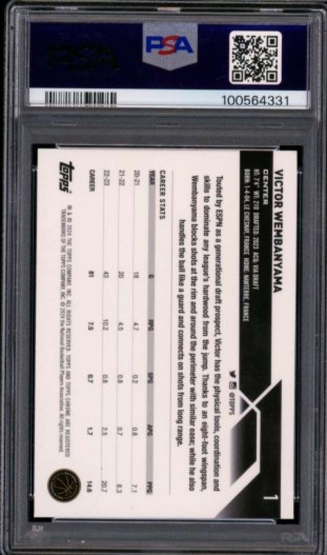 Victor Wembanyama Rookie Card 2023-24 Topps Chrome #1 PSA 9 view 2
