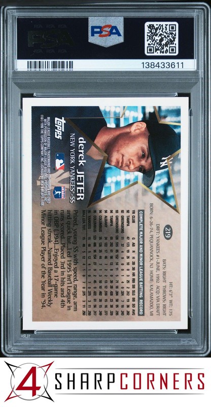 1996 TOPPS #219 DEREK JETER YANKEES FUTURE STAR HOF PSA 9 view 2