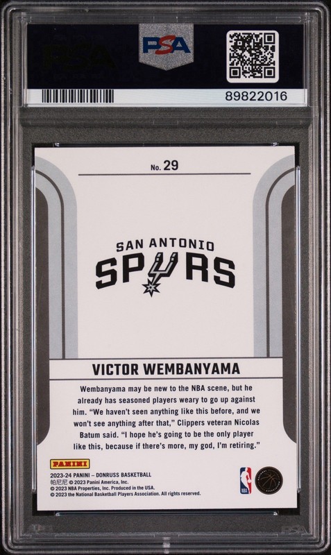 2023-24 Donruss Victor Wembanyama Franchise Features RC #29 Spurs PSA 9 view 2