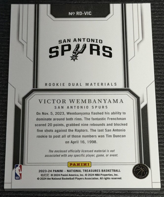 2023 National Treasures Victor Wembanyama RC Rookie Dual Patch /99 RD-VIC Clean view 2
