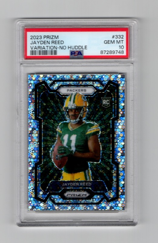 JAYDEN REED GREEN BAY PACKERS 2023 PRIZM NO HUDDLE VARIATION ROOKIE CARD PSA 10