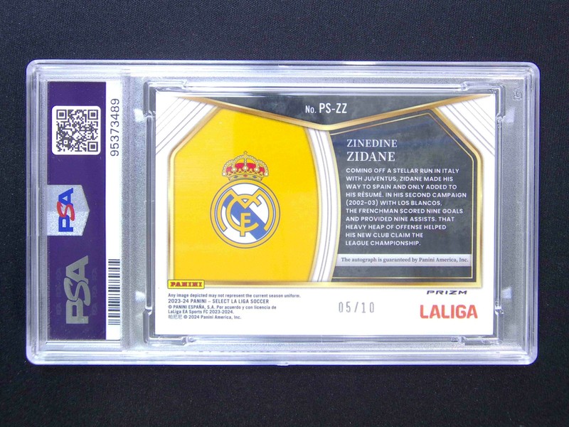 5/10 JSY# 1/1 2023-24 Select La Liga Zinedine Zidane Pitchside Auto Gold PSA 9 view 2
