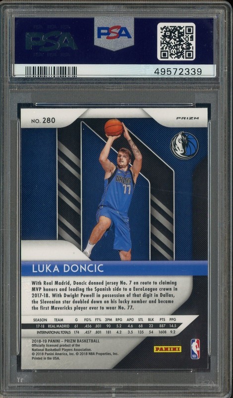 2018 Panini Red White Blue Prizm #280 Luka Doncic Mavericks RC Rookie PSA 9 view 2
