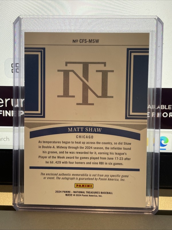 2024 National Treasures Matt Shaw RC Jersey Patch Auto RPA Rookie Card True 1/1 view 2
