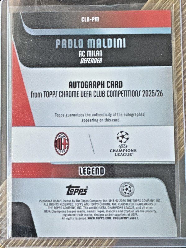 25-26 Topps UEFA Club Comp Chrome Paolo Maldini Auto #/150 True Blue CLA-PM view 2