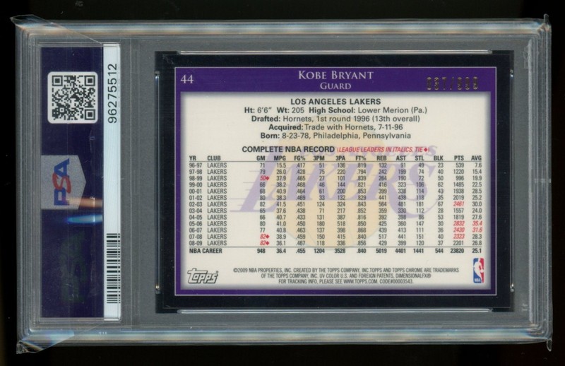 PSA 8 2009 TOPPS CHROME KOBE BRYANT #44 /999 view 2