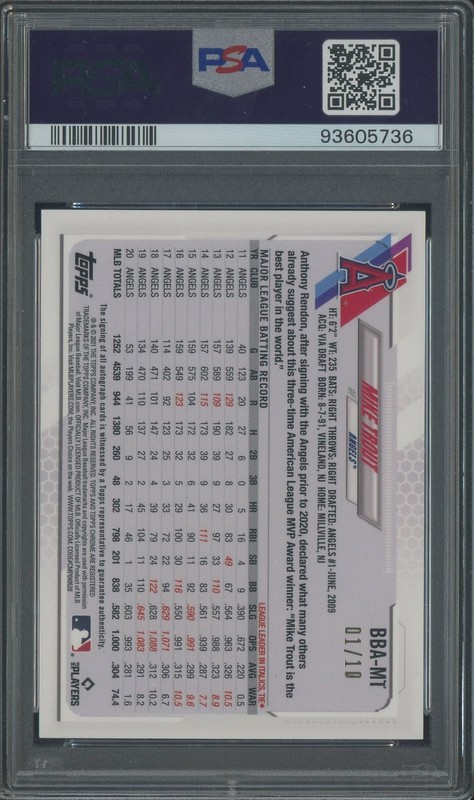 2021 Topps Ben Baller Chrome Rose Gold Refractor Mike Trout AUTO/10 PSA 10 POP 2 view 2