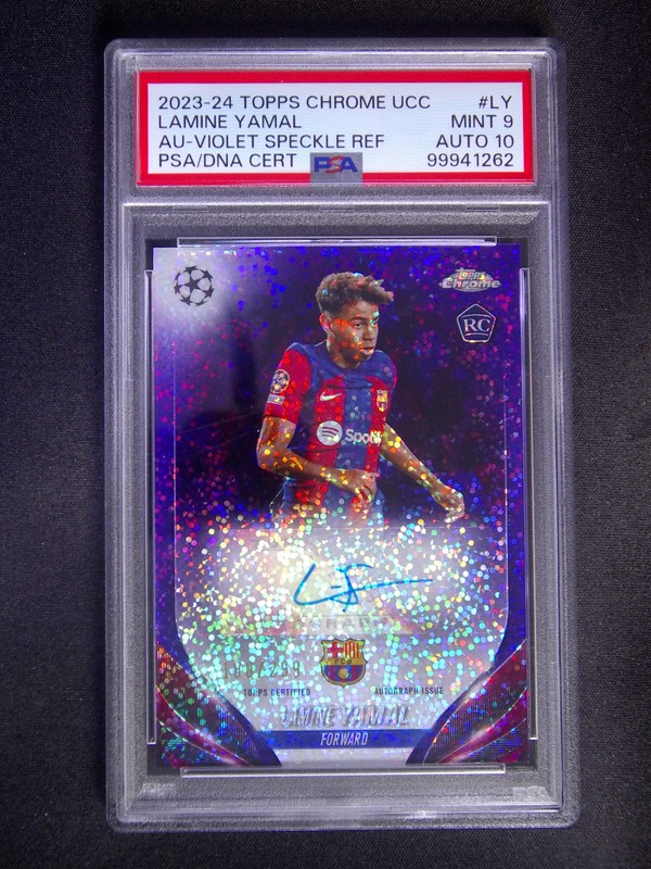 2023-24 Topps Chrome UEFA Lamine Yamal Rookie Auto Violet Speckle /299 PSA 9/10