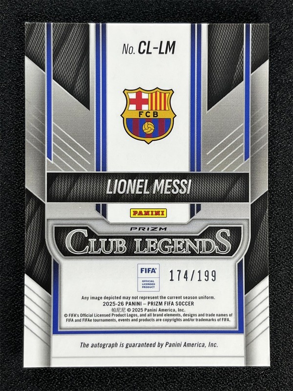 2025-26 Panini Prizm FIFA Lionel Messi Silver Prizm Club Legends Auto /199 &6021 view 2