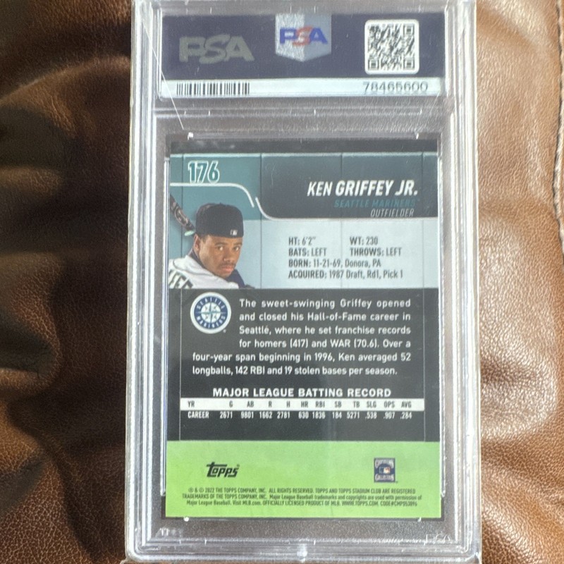 Topps 2022 Stadium Club Ken Griffey Jr Mariners #176 Chrome Gold Minted PSA 10 view 2