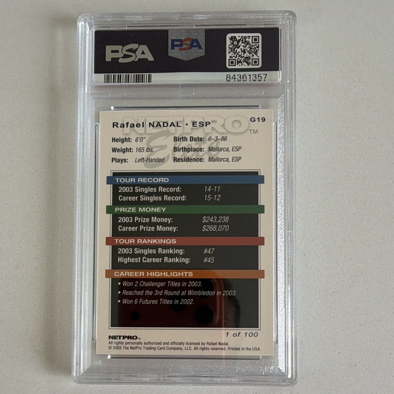 2003 NetPro Elite Rafael Nadal #G19 GLOSSY Rookie Card Numbered /100 PSA 9  view 2