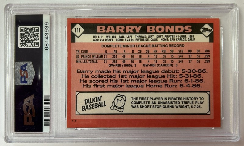 (MA6) 1986 Topps Traded Barry Bonds #11T Rookie RC Pittsburgh Pirates PSA 8 view 2