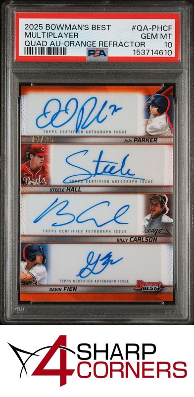 2025 BOWMAN BEST QUAD AUTO ORANGE REFRACTOR JOJO PARKER-HALL-CARLSON #/25 PSA 10