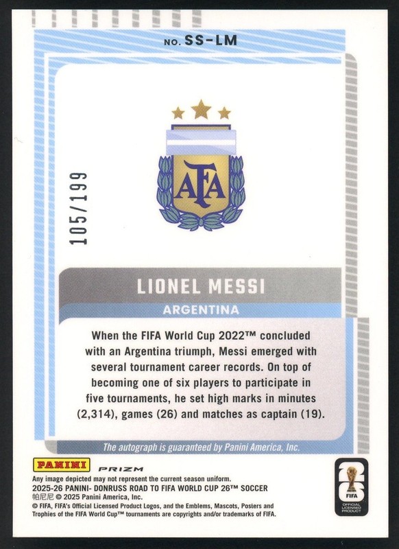 2025-26 Donruss Road to FIFA World Cup 26 Soccer Blue Lionel Messi AUTO 105/199 view 2